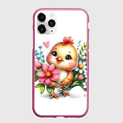 Чехол iPhone 11 Pro матовый Мультяшный цыпленок с цветами, цвет: 3D-малиновый