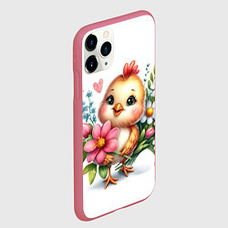 Чехол iPhone 11 Pro матовый Мультяшный цыпленок с цветами, цвет: 3D-малиновый — фото 2