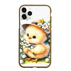 Чехол iPhone 11 Pro матовый Мультяшный цыпленок с цветами ландыша, цвет: 3D-коричневый