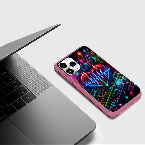 Чехол iPhone 11 Pro матовый Неоновое сердце - кардиограмма / 3D-Малиновый – фото 3