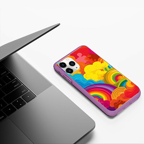 Чехол iPhone 11 Pro матовый Радужные яркие волны / 3D-Фиолетовый – фото 3
