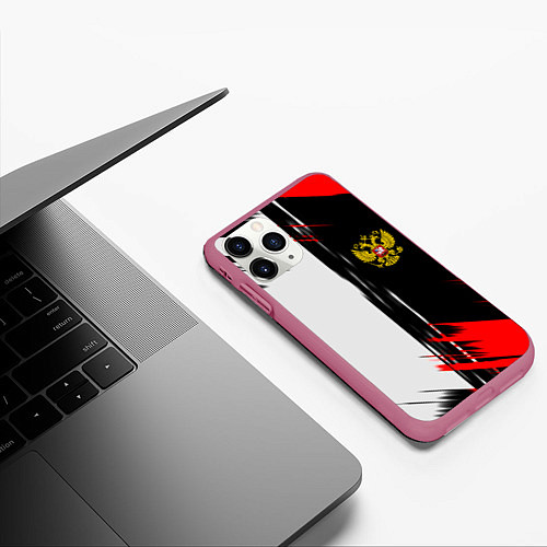 Чехол iPhone 11 Pro матовый Россия герб краски текстура / 3D-Малиновый – фото 3