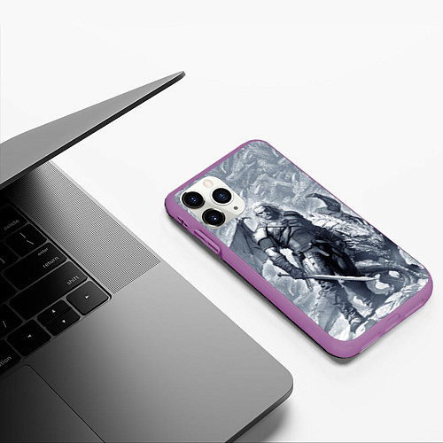 Чехол iPhone 11 Pro матовый The Witcher and dragon - hand drawn style / 3D-Фиолетовый – фото 3