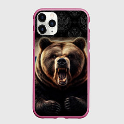 Чехол iPhone 11 Pro матовый Агрессивный медведь России патриот, цвет: 3D-малиновый