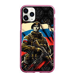 Чехол iPhone 11 Pro матовый Русский солдат на фоне флага России, цвет: 3D-малиновый