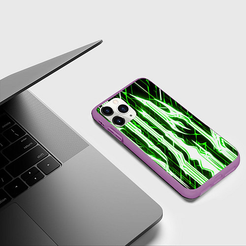 Чехол iPhone 11 Pro матовый Зелёные неоновые полосы на чёрном фоне / 3D-Фиолетовый – фото 3