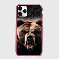 Чехол iPhone 11 Pro матовый Агрессивный медведь на фоне флага России, цвет: 3D-малиновый