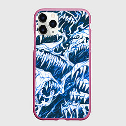 Чехол iPhone 11 Pro матовый Белые клыки на синем фоне, цвет: 3D-малиновый