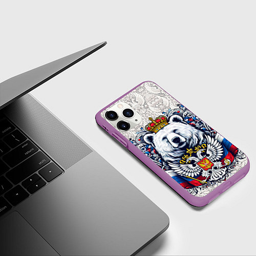 Чехол iPhone 11 Pro матовый Белый русский медведь / 3D-Фиолетовый – фото 3