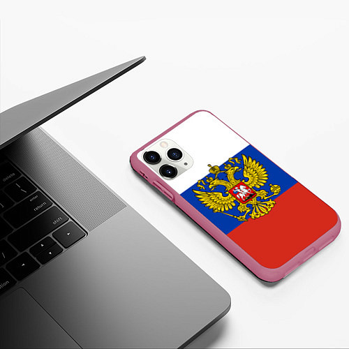 Чехол iPhone 11 Pro матовый Флаг России с гербом / 3D-Малиновый – фото 3