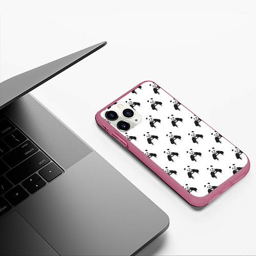 Чехол iPhone 11 Pro матовый Panda love - pattern / 3D-Малиновый – фото 3