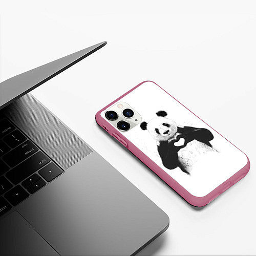 Чехол iPhone 11 Pro матовый Panda love / 3D-Малиновый – фото 3