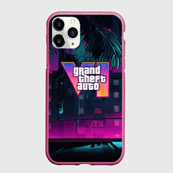 Чехол iPhone 11 Pro матовый GTA 6 logo night Vice city, цвет: 3D-малиновый
