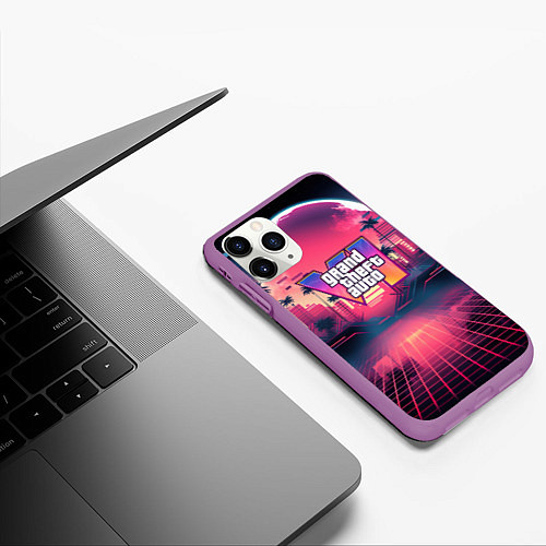 Чехол iPhone 11 Pro матовый GTA 6 logo retro night / 3D-Фиолетовый – фото 3