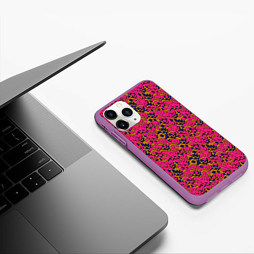 Чехол iPhone 11 Pro матовый Взаимосвязанные листочки, розового жёлтого и синег / 3D-Фиолетовый – фото 3