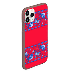 Чехол iPhone 11 Pro матовый Голубая гжель на красном фоне, цвет: 3D-коричневый — фото 2