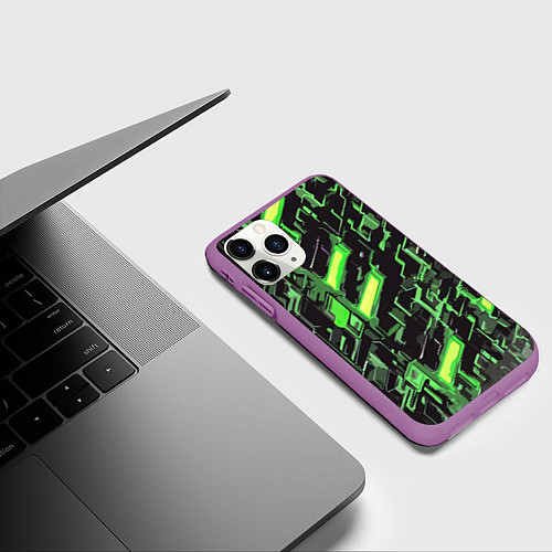 Чехол iPhone 11 Pro матовый Зелёные неоновые линии / 3D-Фиолетовый – фото 3