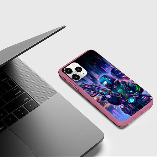 Чехол iPhone 11 Pro матовый Неоновый город - Киберпанк / 3D-Малиновый – фото 3