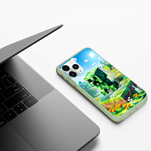 Чехол iPhone 11 Pro матовый Крипер - нейросеть / 3D-Салатовый – фото 3