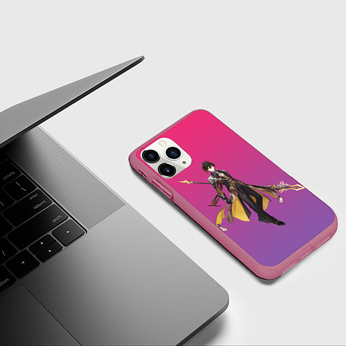 Чехол iPhone 11 Pro матовый Genshin персонаж игры - Чжун Ли / 3D-Малиновый – фото 3
