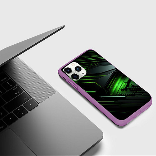 Чехол iPhone 11 Pro матовый Металл и зеленый яркий неоновый свет / 3D-Фиолетовый – фото 3