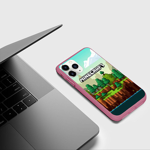 Чехол iPhone 11 Pro матовый Minecraft logo квадратный мир / 3D-Малиновый – фото 3
