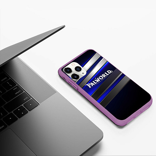 Чехол iPhone 11 Pro матовый Palworld logo синие и серебристые полосы / 3D-Фиолетовый – фото 3