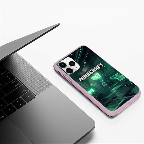 Чехол iPhone 11 Pro матовый Minecraft logo в стиле киберпанк / 3D-Розовый – фото 3