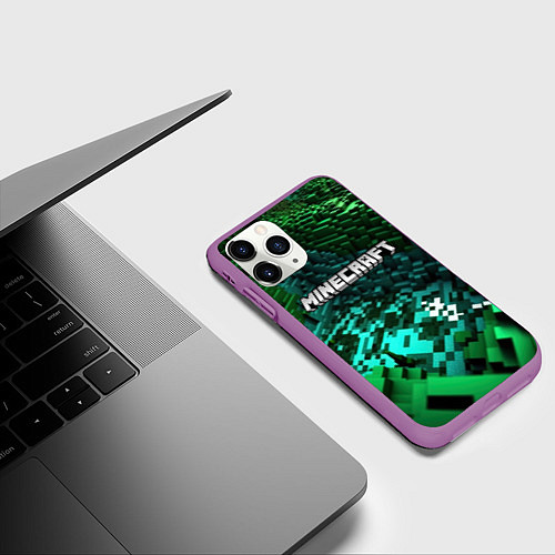 Чехол iPhone 11 Pro матовый Minecraft logo в стиле киберпанк / 3D-Фиолетовый – фото 3