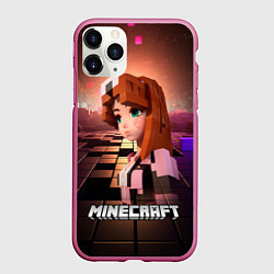 Чехол iPhone 11 Pro матовый Minecraft девушка в мире кубиков, цвет: 3D-малиновый