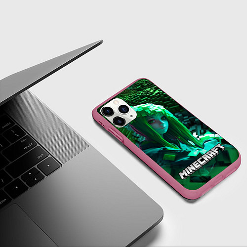 Чехол iPhone 11 Pro матовый Minecraft девушка зеленый мир / 3D-Малиновый – фото 3