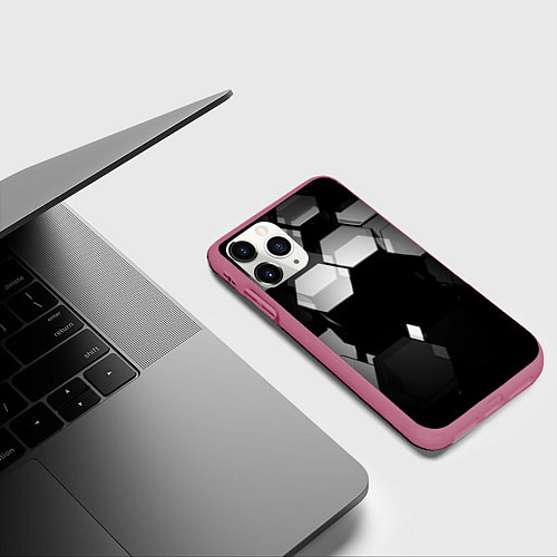 Чехол iPhone 11 Pro матовый Нано соты шестиугольник / 3D-Малиновый – фото 3