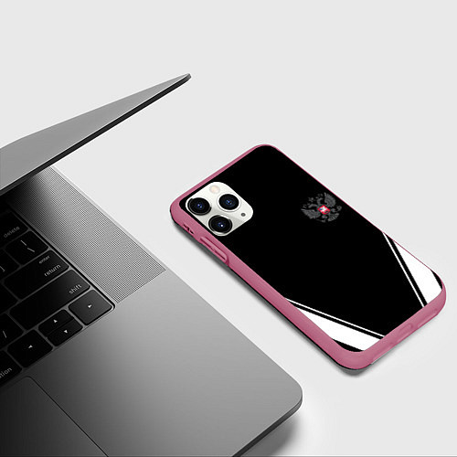 Чехол iPhone 11 Pro матовый Спортивная геометрия герб рф / 3D-Малиновый – фото 3