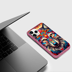 Чехол iPhone 11 Pro матовый Красочный волк, цвет: 3D-малиновый — фото 2