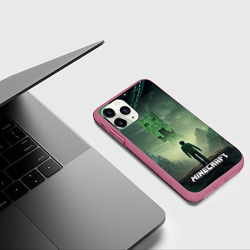 Чехол iPhone 11 Pro матовый Minecraft зеленый монстр и персонаж / 3D-Малиновый – фото 3