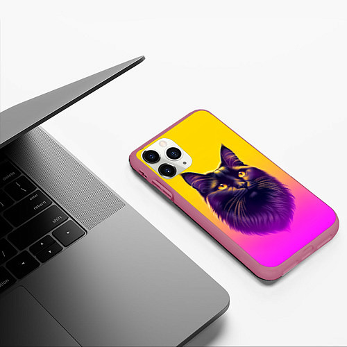 Чехол iPhone 11 Pro матовый Кот чёрный с золотыми глазами / 3D-Малиновый – фото 3
