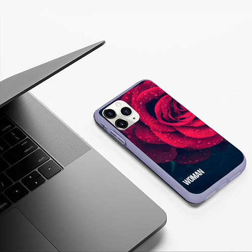 Чехол iPhone 11 Pro матовый Красная роза на чёрном - woman / 3D-Светло-сиреневый – фото 3