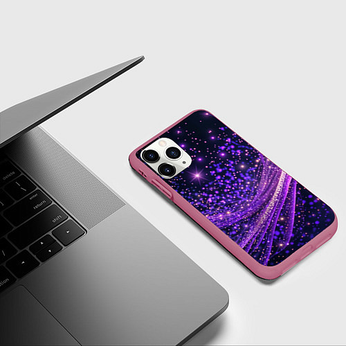 Чехол iPhone 11 Pro матовый Фиолетовые сверкающие абстрактные волны / 3D-Малиновый – фото 3