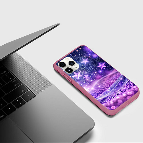 Чехол iPhone 11 Pro матовый Абстрактные звезды в фиолетовых искрах / 3D-Малиновый – фото 3