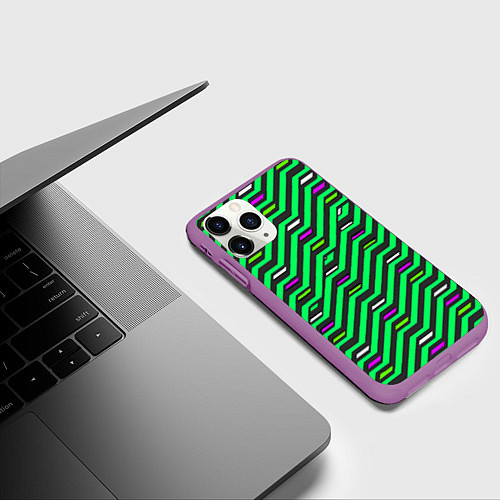 Чехол iPhone 11 Pro матовый Киберпанк узор зелёный и чёрный / 3D-Фиолетовый – фото 3