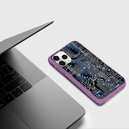 Чехол iPhone 11 Pro матовый Киберпанк схемы белые и синие / 3D-Фиолетовый – фото 3