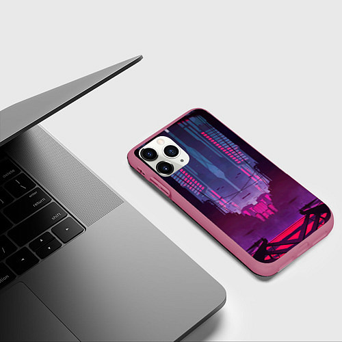 Чехол iPhone 11 Pro матовый Кибер город / 3D-Малиновый – фото 3