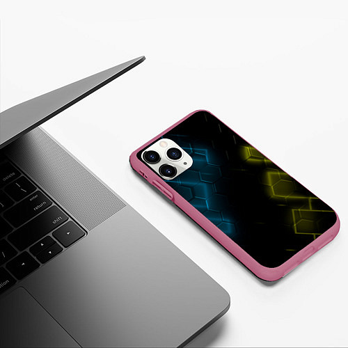 Чехол iPhone 11 Pro матовый Нано соты и неон / 3D-Малиновый – фото 3