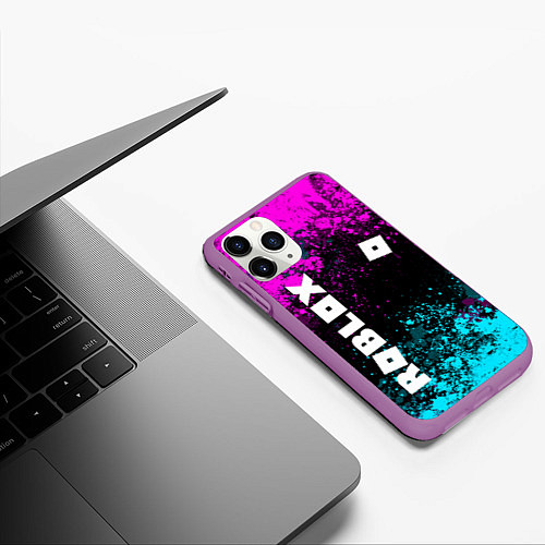 Чехол iPhone 11 Pro матовый Роблокс - неоновые брызги / 3D-Фиолетовый – фото 3