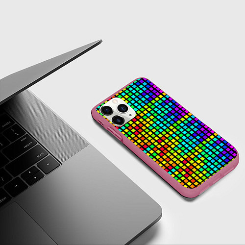 Чехол iPhone 11 Pro матовый Разноцветные квадраты на чёрном фоне / 3D-Малиновый – фото 3