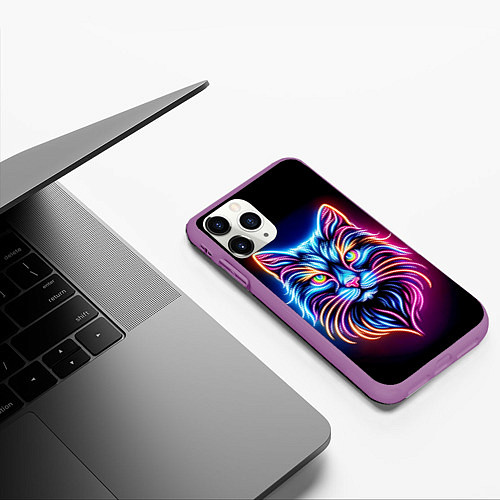 Чехол iPhone 11 Pro матовый Суровый неоновый кот / 3D-Фиолетовый – фото 3