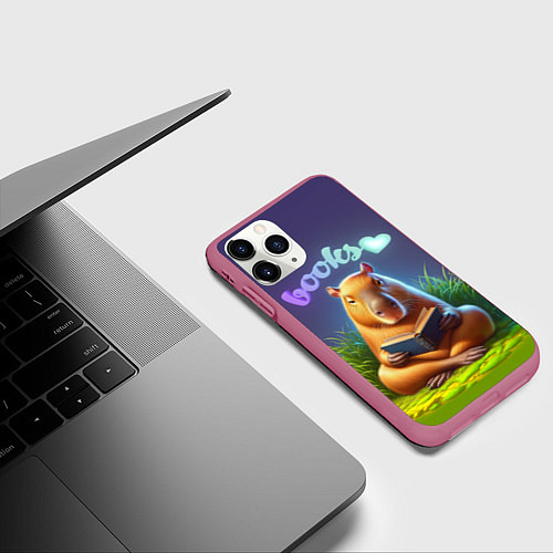 Чехол iPhone 11 Pro матовый Капибара любит книги / 3D-Малиновый – фото 3