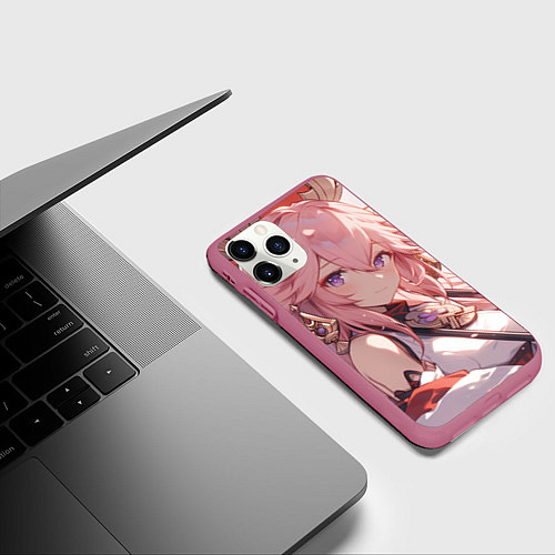Чехол iPhone 11 Pro матовый Genshin Impact Яэ Miko smile / 3D-Малиновый – фото 3