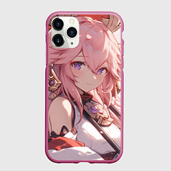 Чехол iPhone 11 Pro матовый Genshin Impact Яэ Miko smile, цвет: 3D-малиновый