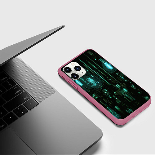 Чехол iPhone 11 Pro матовый Киберпанк светящиеся голубые элементы / 3D-Малиновый – фото 3